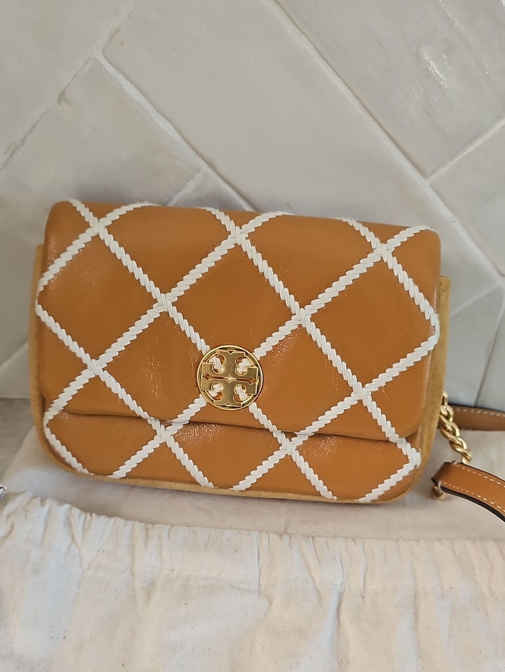 Tory Burch Quilted Crossbody Bag in Tan with White Trim